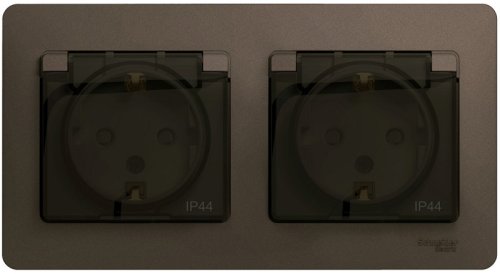 Розетка с заземлением с рамкой Systeme Electric Glossa 2-м. крышка шторки IP44 шоколад картинка